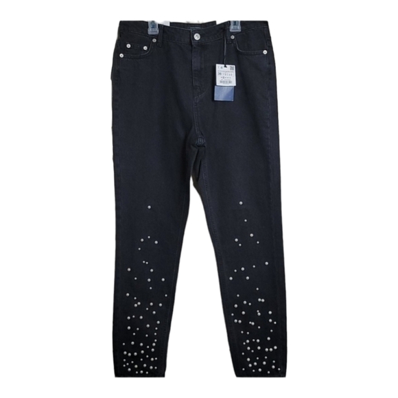 NWT Zara Mom Fit Jeans Pearl Embellished Tapered Leg 4 High Waisted Black Rigid - Picture 1 of 7